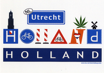 604315 Prentbriefkaart met de opschriften Utrecht en Holland (2x) gevormd door verkeersborden en diverse grafische ...